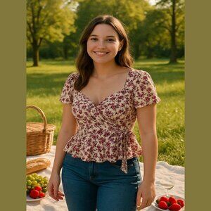 Mason & Belle Women's Size XL Pink Purple Floral Faux Wrap Peplum Feminine Top